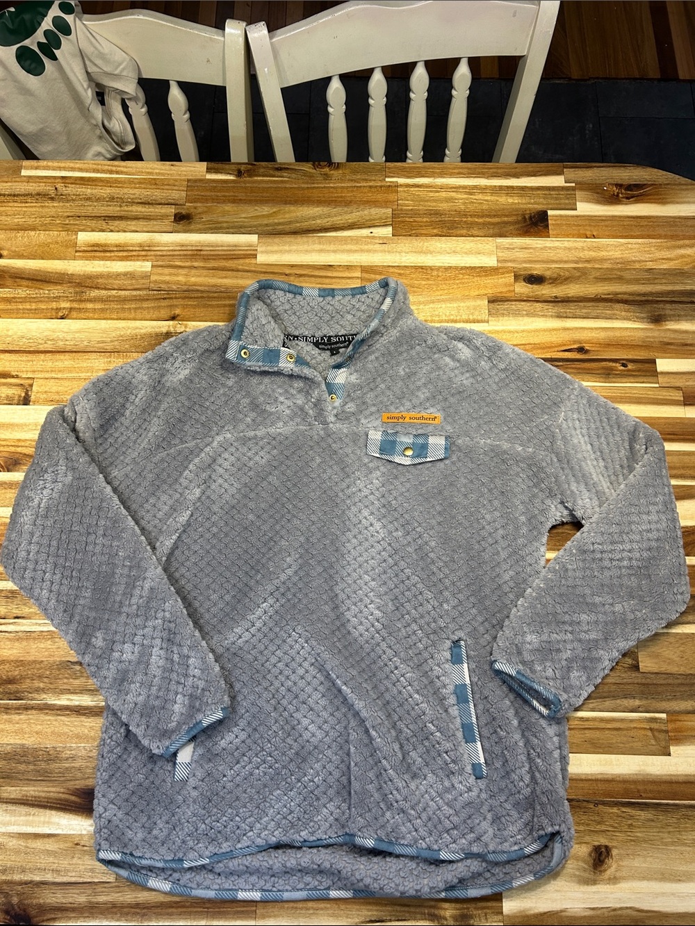 Simply Southern Gray Quilted Pullover with Plaid Trim Women’s